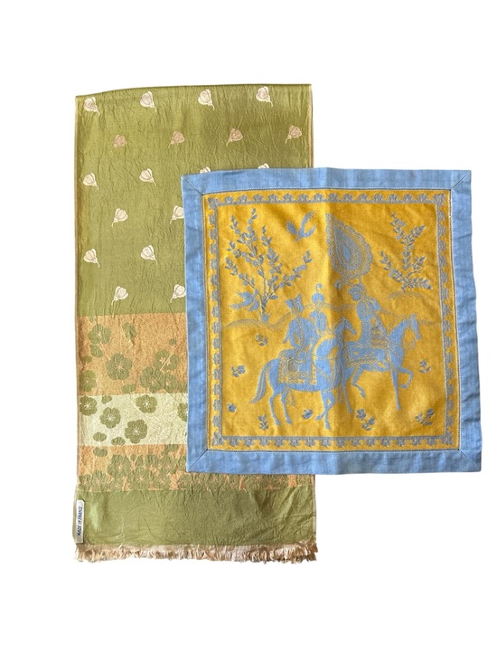 Vintage Accessories - RESERVED @frenchluck Blue/Mustard Square Scarf & French Textile Runner